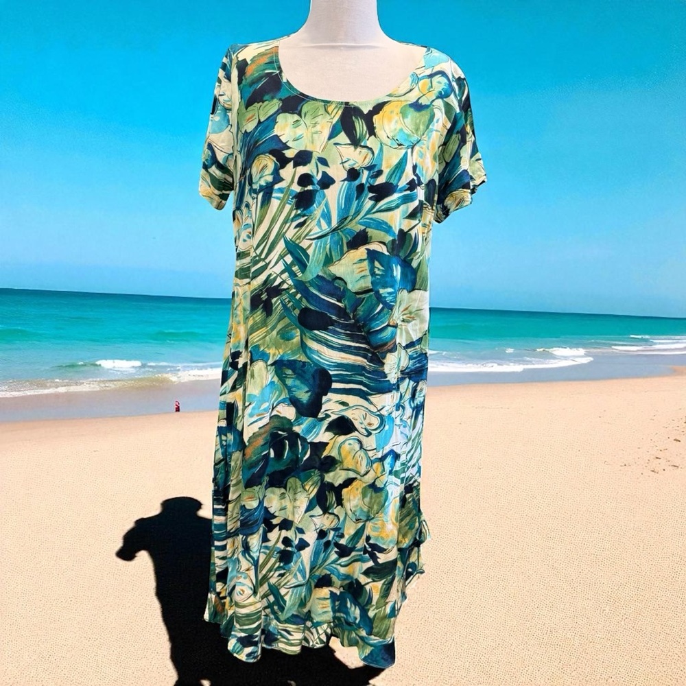 Hawaiian Floral Dress Womens M Ruffle Sweep Hem Two Palms Rayon Luau Hawaii